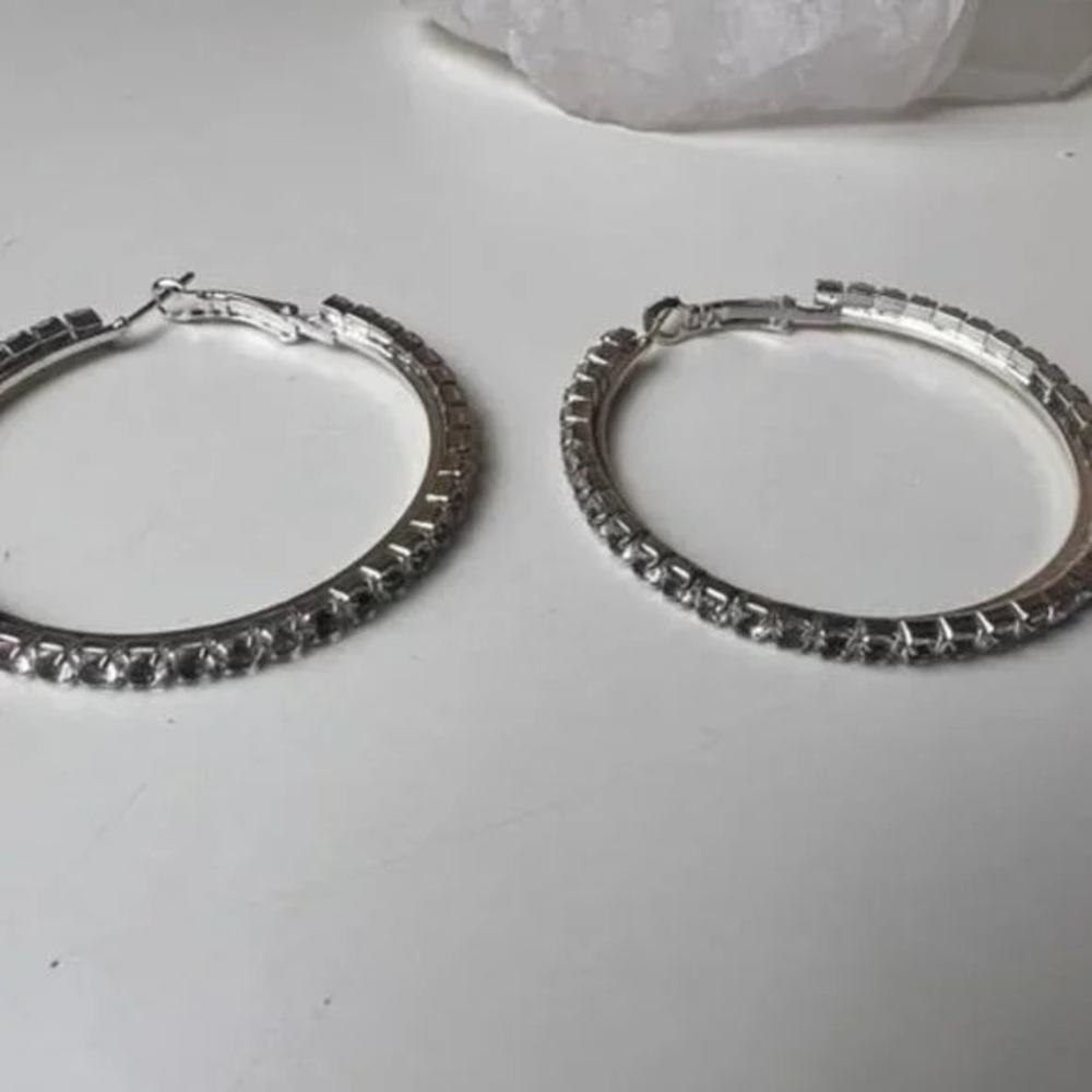 Silver Rhinestone Hoop Earrings - Picture 3 of 5